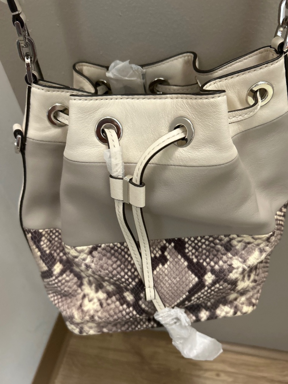 Michael Kors Handbag Dottie Large Python Trim Leather Bucket Bag